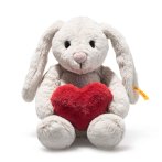Steiff Friends Hase Hoppie Love aus hellgrauem Plüsch mit einem roten Herz in den Pfötchen