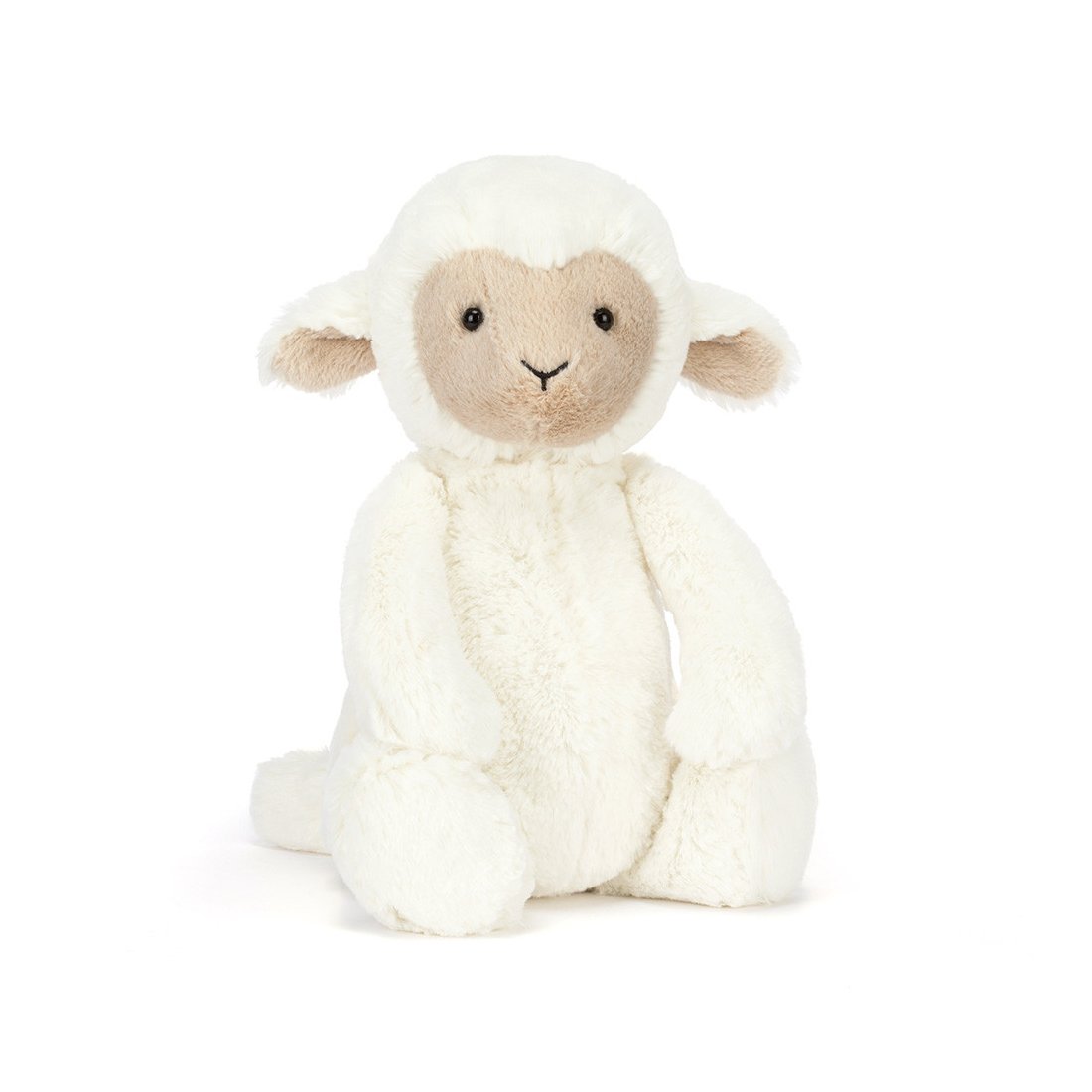 Jellycat Schaf Skipson Lamb aus weißem Plüsch mit einem beigen Gesicht und beigen Innenohren