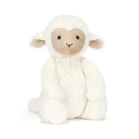 Jellycat Schaf Skipson Lamb aus weißem Plüsch mit einem beigen Gesicht und beigen Innenohren
