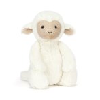 Jellycat Schaf Skipson Lamb aus weißem Plüsch mit einem beigen Gesicht und beigen Innenohren
