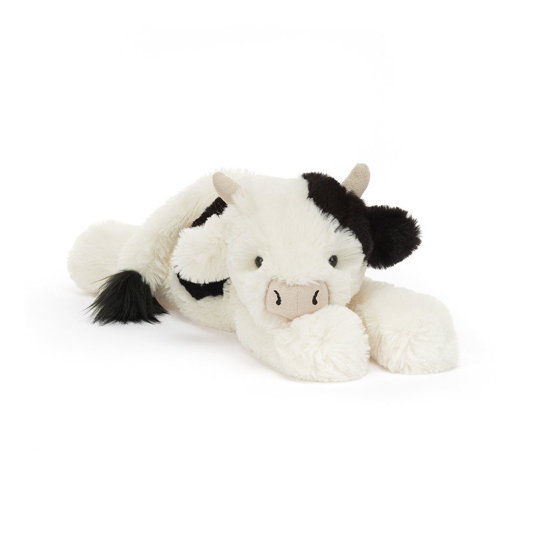 Jellycat Kuh Smudge Cow aus schwarz-weißen Kuschelplüsch mit hellen Hörnern