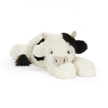 Jellycat Kuh Smudge Cow aus schwarz-weißen Kuschelplüsch mit hellen Hörnern