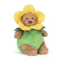 Jellycat Teddy Bär Bartholomew Bear trägt ein grünes Narzissenkostüm mit einer gelben Blüte als Mütze
