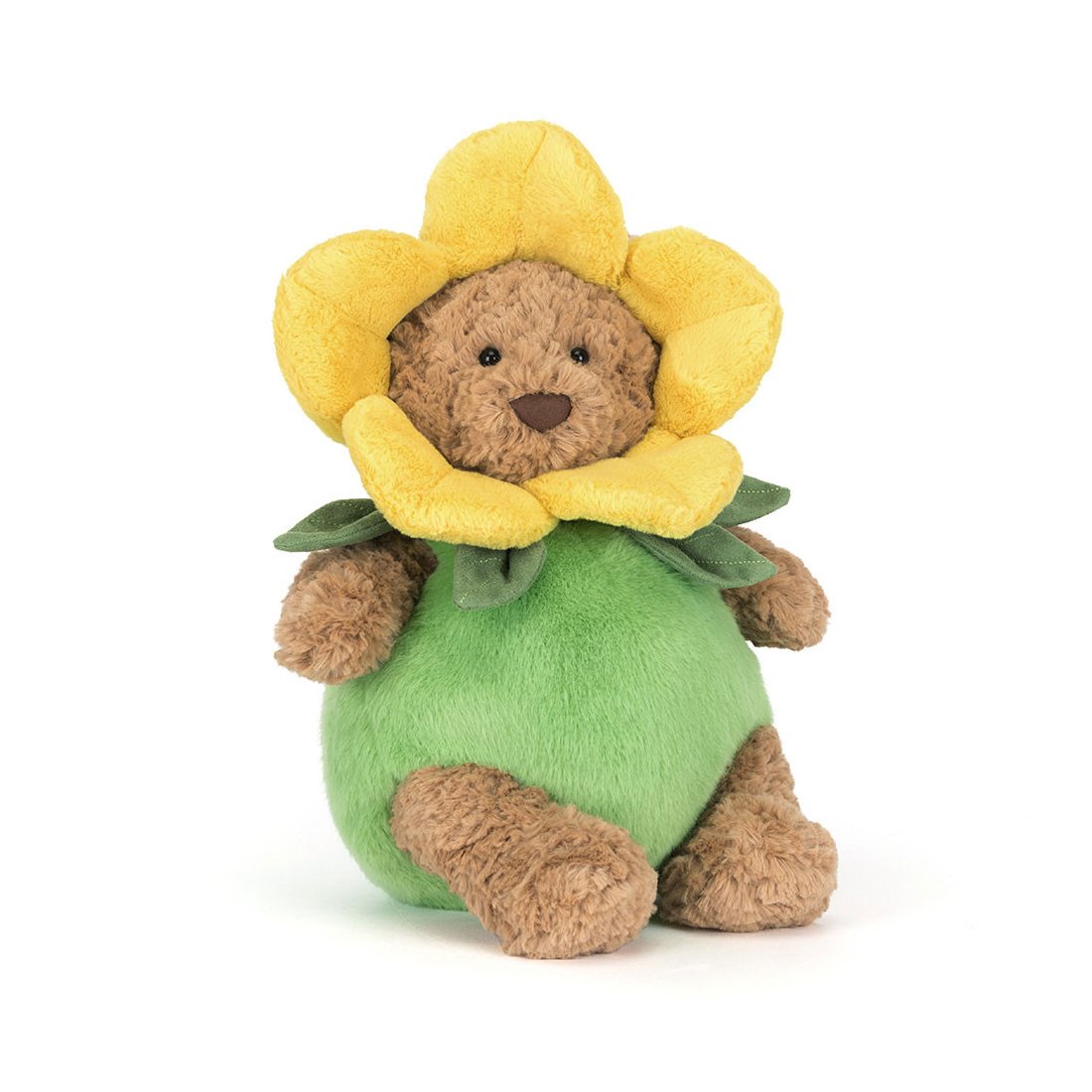 Jellycat Teddy Bär Bartholomew Bear trägt ein grünes Narzissenkostüm mit einer gelben Blüte als Mütze