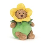 Jellycat Teddy Bär Bartholomew Bear trägt ein grünes Narzissenkostüm mit einer gelben Blüte als Mütze