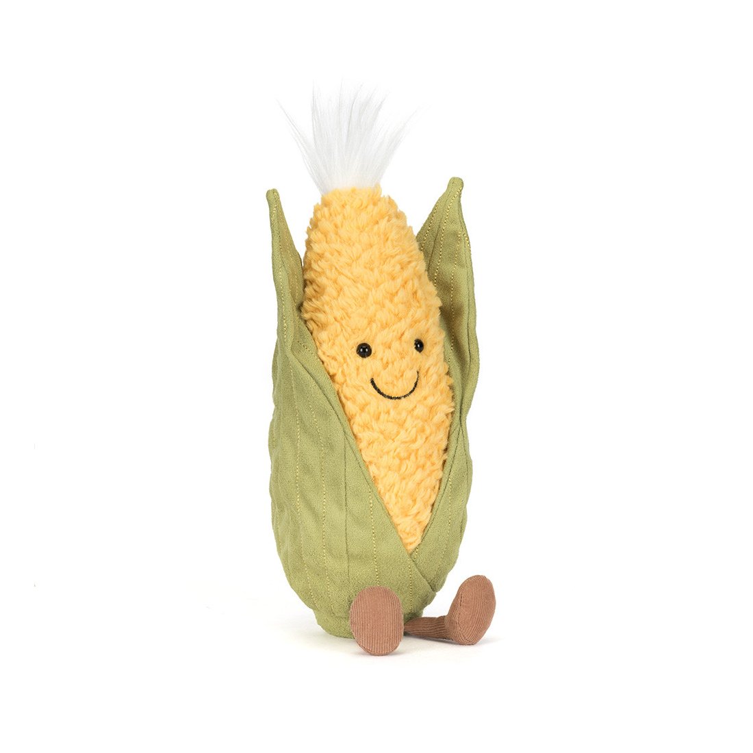 Jellycat Mais Amuseables Sweetcorn aus hellgelbem Plüsch mit grünen Blättern und braunen Beinchen
