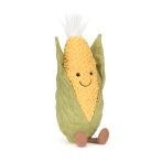 Jellycat Mais Amuseables Sweetcorn aus hellgelbem Plüsch mit grünen Blättern und braunen Beinchen