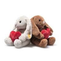 2 Steiff Friends Kuscheltiere Hase Hoppie Love in grau und braun sitzen Rücken an Rücken