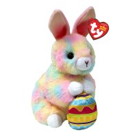 Ty Beanie Babies Hase Sprout Rabbit ist aus regenbogenbuntem Plüsch und hält ein Stoffei in den weißen Pfoten
