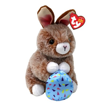 Ty Beanie Babies Hase Praline Rabbit ist aus braunem Plüsch und hält ein blaues Stoffei in den weißen Pfoten