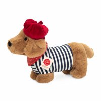 Hermann TEDDY Herzekind Dackel Claude aus braunem Plüsch mit Ringelshirt und roter Mütze