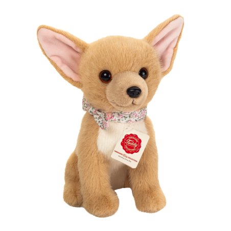 Hermann TEDDY Kuscheltier Hund Chihuahua ist aus hellbraunem Plüsch gefertigt und trägt ein buntes Halstuch