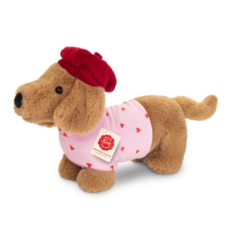 Hermann TEDDY Herzekind Dackel Claude aus braunem Plüsch mit Herzchenshirt und roter Mütze