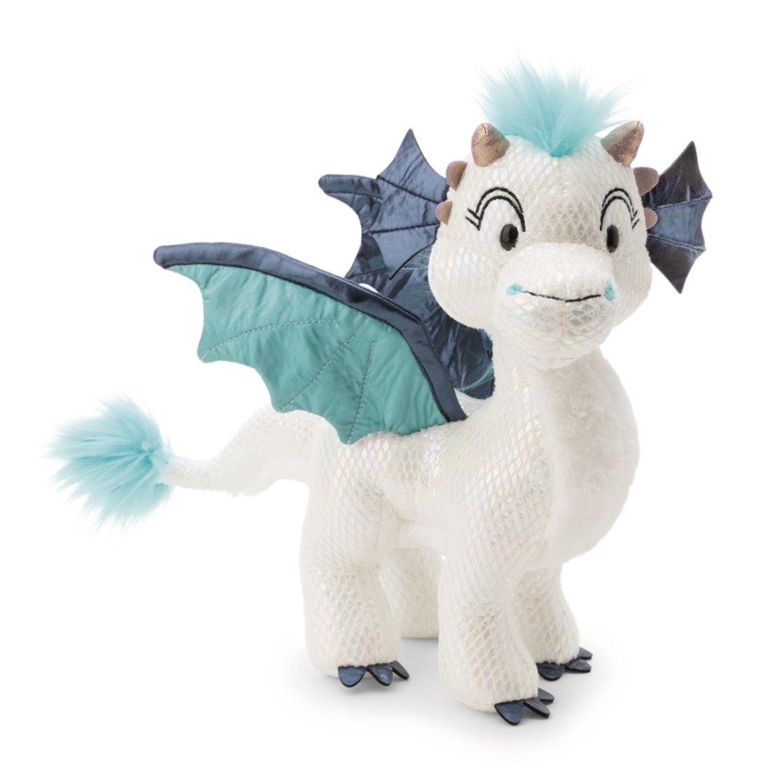 NICI Wild Winter Drache Zafura aus weißem Glitzerstoff mit dunkelblauen Flügeln und türkiser Mähne