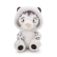 NICI Wild Winter Schneeleopard Eleni Snowbell, Vorderseite sitzendes Kuscheltier mit Kapuze auf dem Kopf