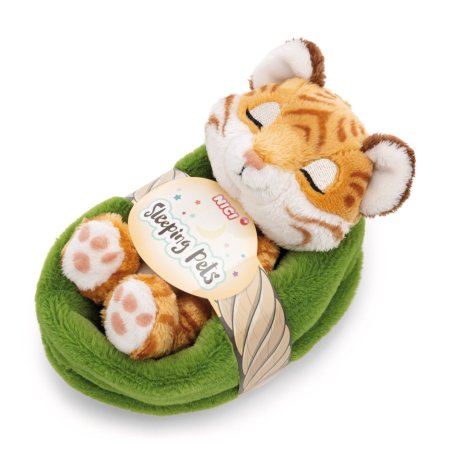 NICI Sleeping Pets Tiger im moosgrünen Körbchen mit Etikett