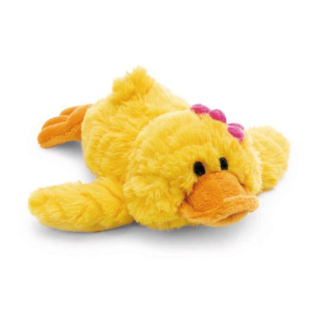 kleine liegende NICI Summer Ente Pooline aus gelbem Strukturplüsch mit einer pinken Blüte auf dem Kopf