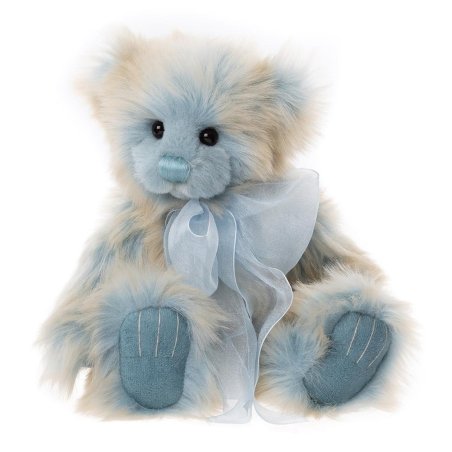 Charlie Bears Teddybär Tuesday aus hellblauem Plüsch mit einer blauen Tüllschleife und graublauen Pfoten