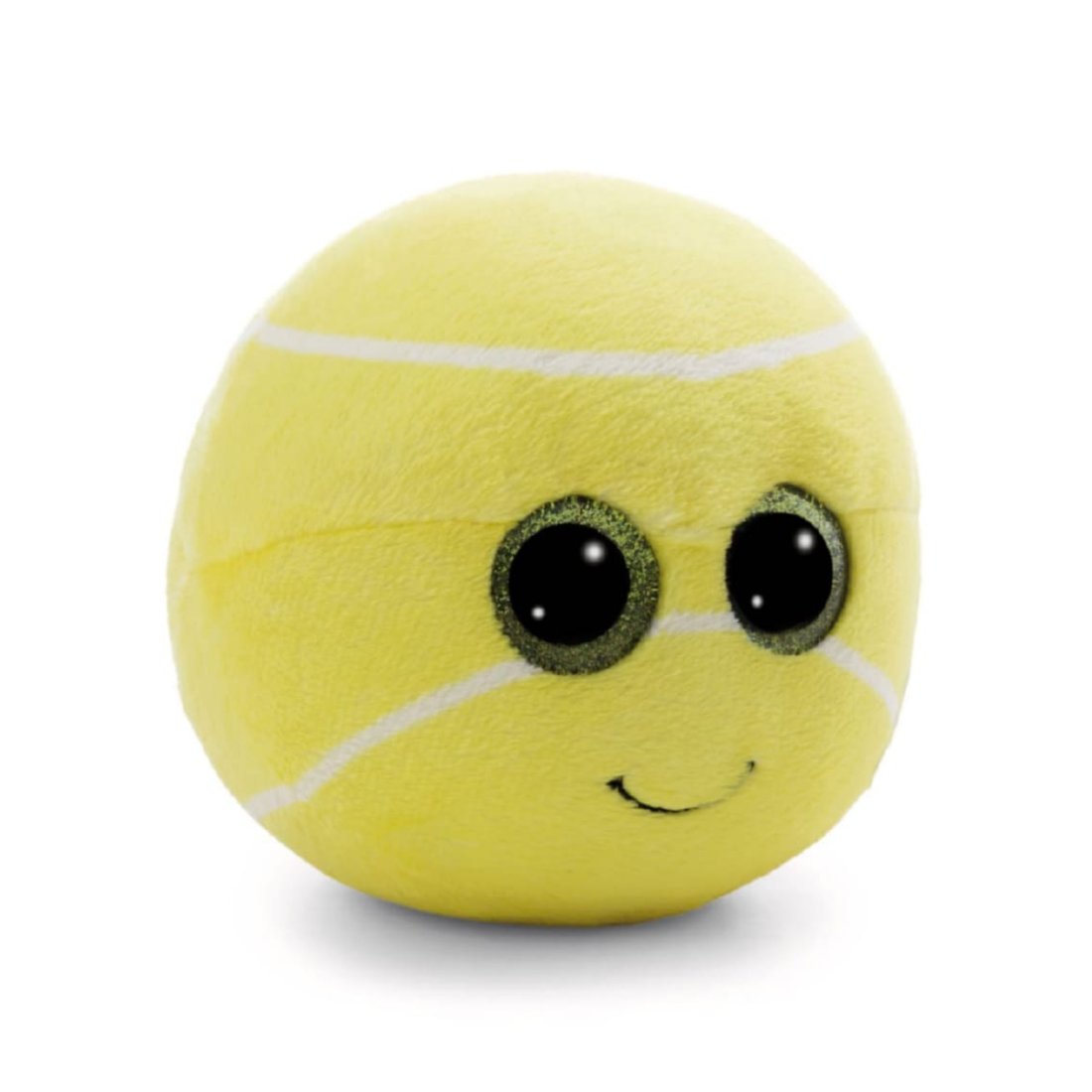 Nici GLUBSCHIS Tennisball Dennis aus gelbem Plüsch mit weißen Streifen und grünen Glitzeraugen