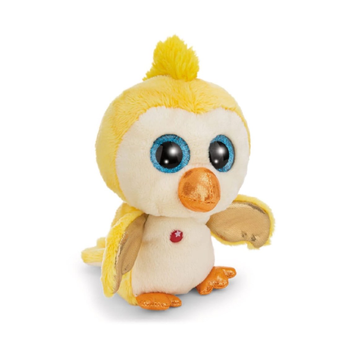 Nici GLUBSCHIS Vogel Sunita aus gelbem Plüsch mit wasserblauen Glitzeraugen und orange Füßen