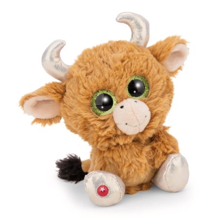 Nici GLUBSCHIS Hochlandrind Shug aus hellbraunem Lockenplüsch mit grünen Glitzeraugen