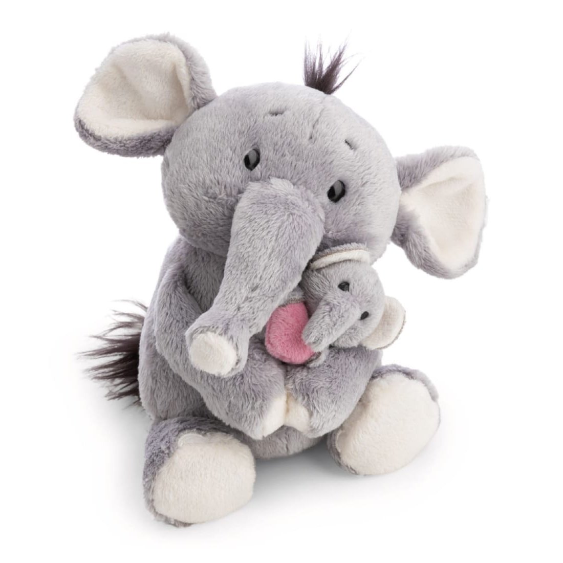 NICI Little & Me Elefant mit Kind aus grauem Plüsch mit weißen Abzeichen und schwarzem Haarbüschel auf dem Kopf