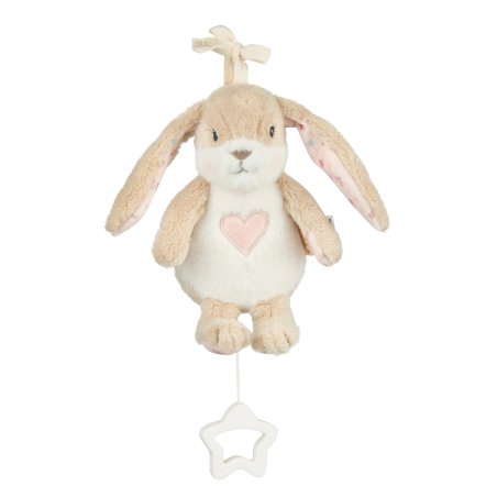 kleine Sterntaler Spieluhr Hase Hanni aus beigem und weißem Plüsch mit einem rosa Herz auf der Brust