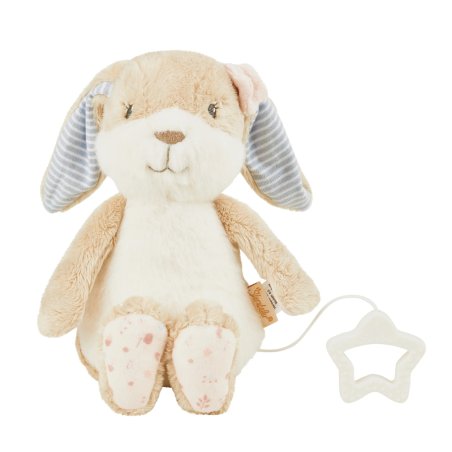 Sterntaler Spieluhr Hase Hanni aus beigem und weißem Plüsch mit blau gestreiften Ohren und geblümten Fußsohlen