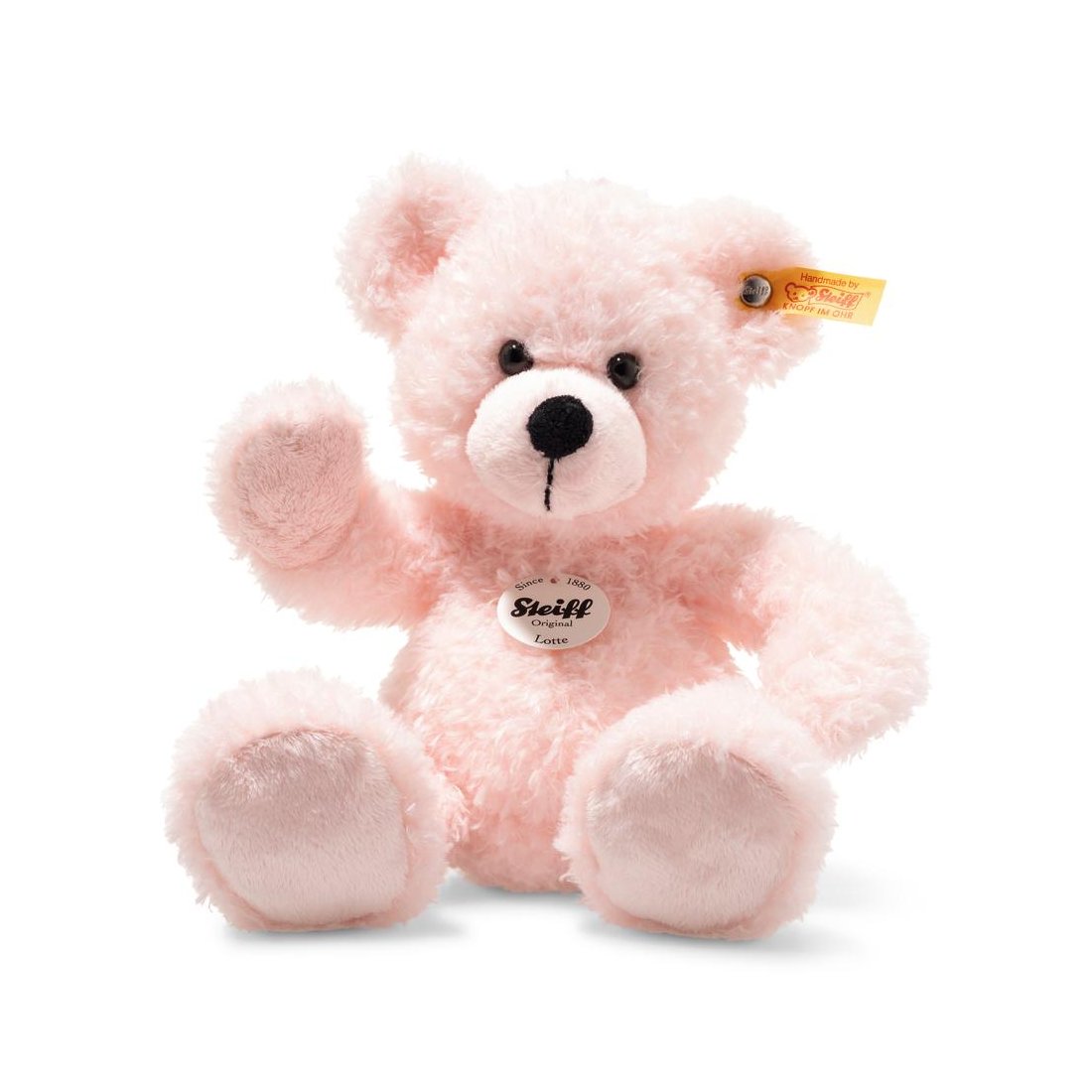 Steiff Teddybär Lotte aus rosafarbenem Plüsch mit schwarzen Knopfaugen