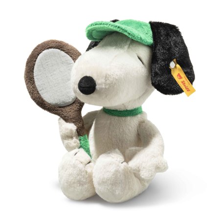 Steiff Peanuts Hund Snoopy aus weißem und schwarzem Plüsch mit dunklen Knopfaugen und Tennisschläger