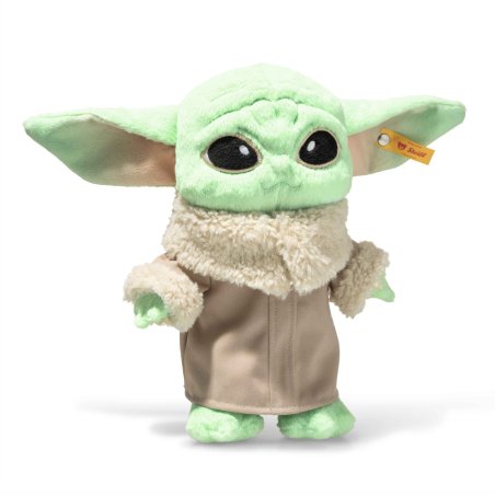 Steiff Friends Grogu Yoda aus hellgrünem Plüsch mit einem beigen Gewand und großen Ohren