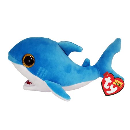 Ty Beanie Boos Kuscheltier Hai Fisch Finsley Shark aus blauem Plüsch mit weißem Bauch und gelben Glitzeraugen