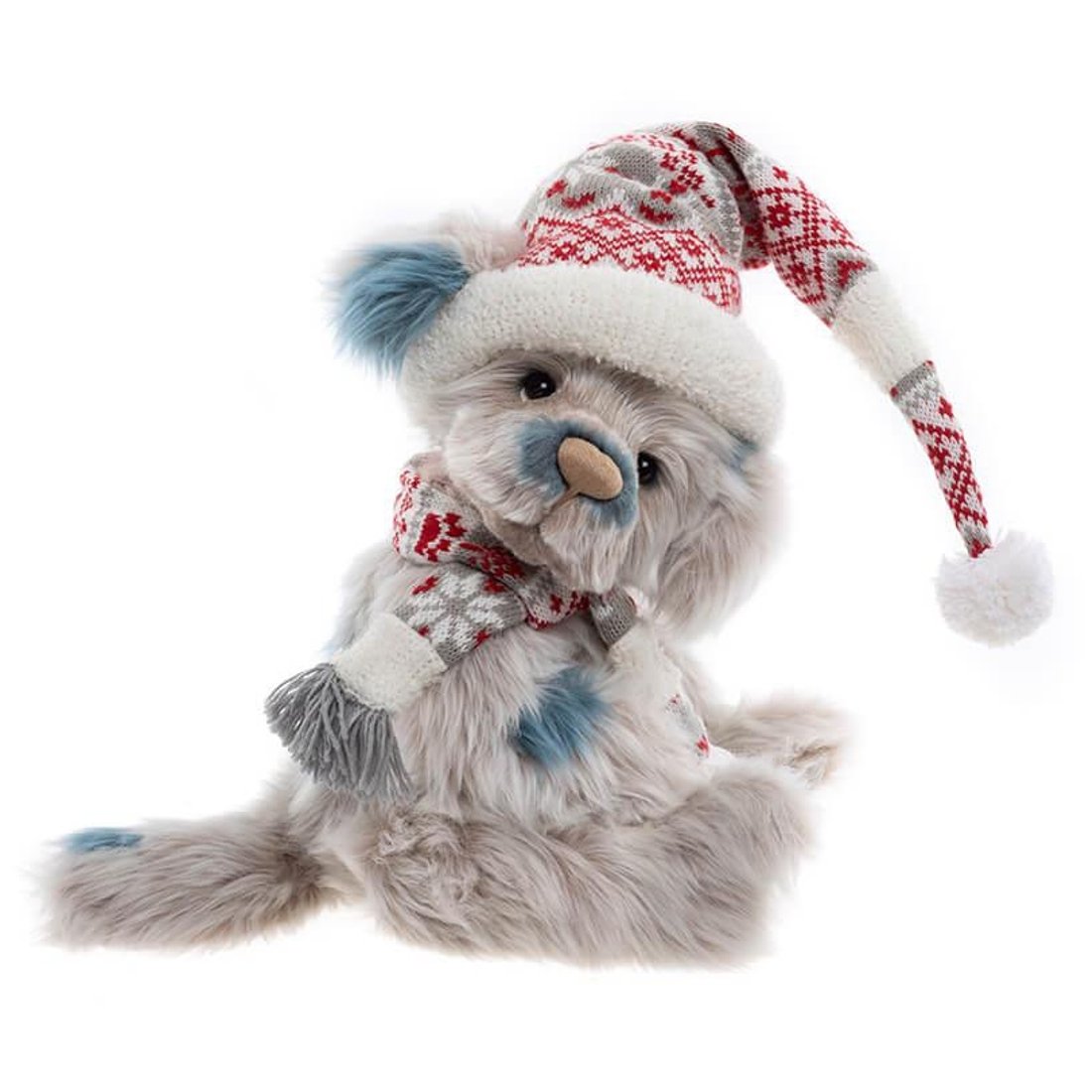 Charlie Bears Hundwelpe Puddletown aus hellgrauem Plüsch mit rot-weißer Strickmütze und passendem Schal