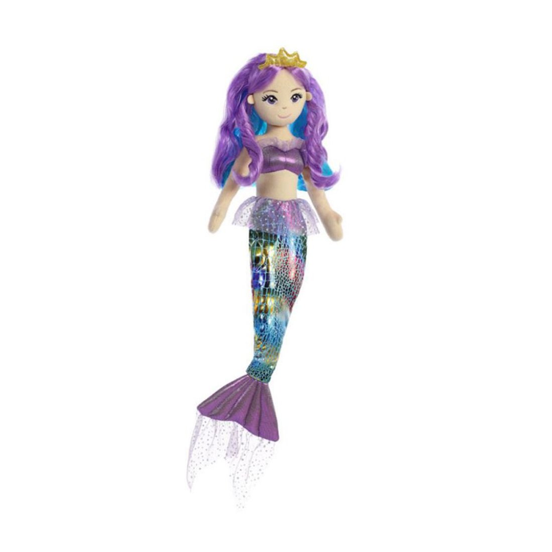 Aurora Sea Sparkles Meerjungfrau Rainbow Violet mit violettem Fischschwanz, goldener Krone und violett-blauen Haaren