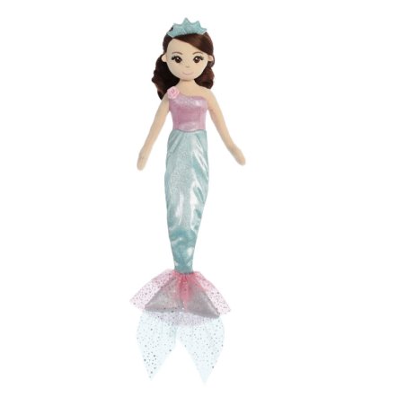 Aurora Sea Sparkles Meerjungfrau Princess Teal mit eisblauem Schwanz, eisblauer Krone und braunen Haaren