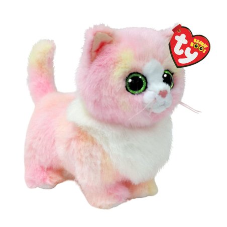 Ty Beanie Boos Kuscheltier Katze Melanie aus rosa geflecktem Plüsch mit weißer Brust und grünen Glitzeraugen