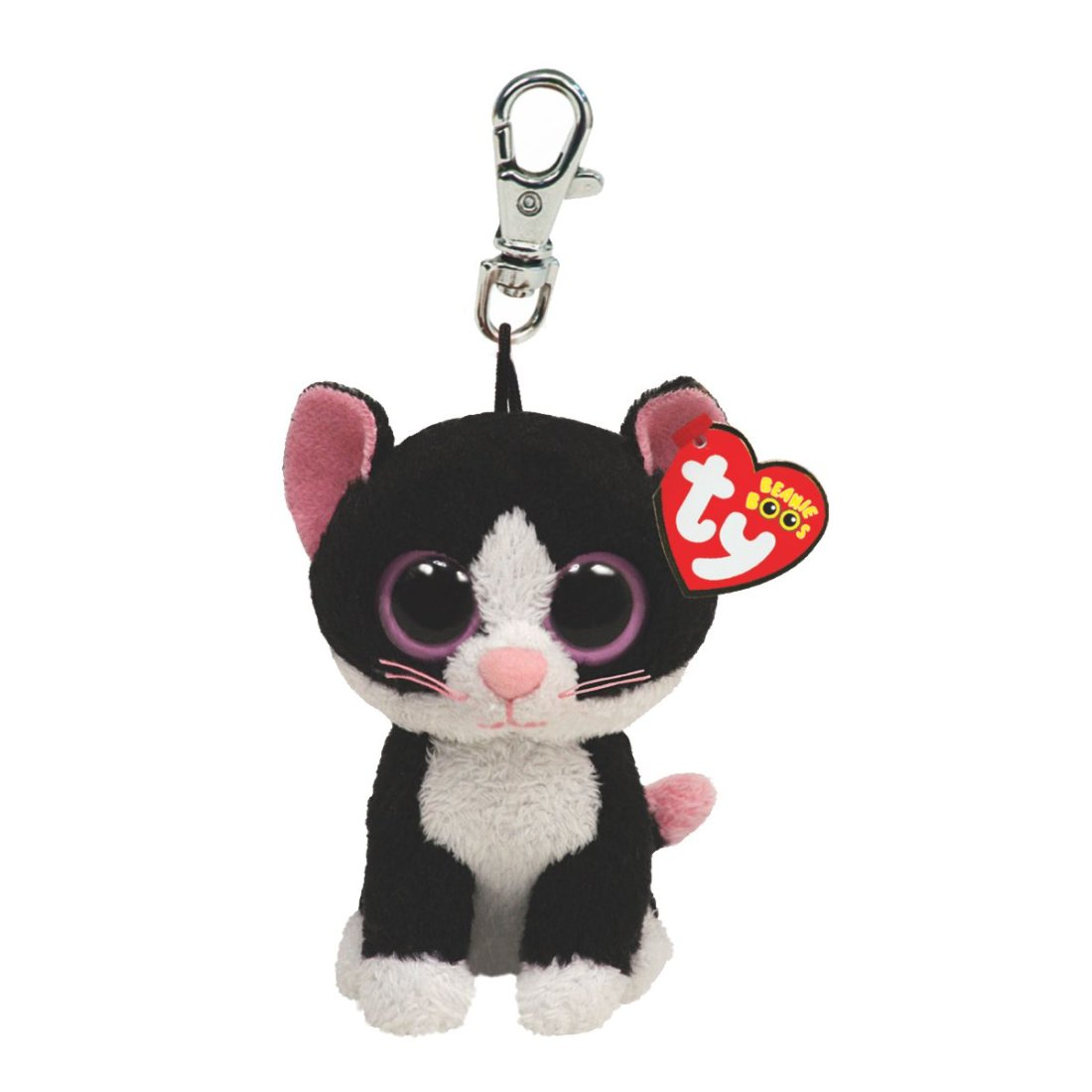 Ty Beanie Boos Anhänger Katze Pepper: schwarz-weiß mit silberfarbenem Metallclip und rosa Glitzeraugen