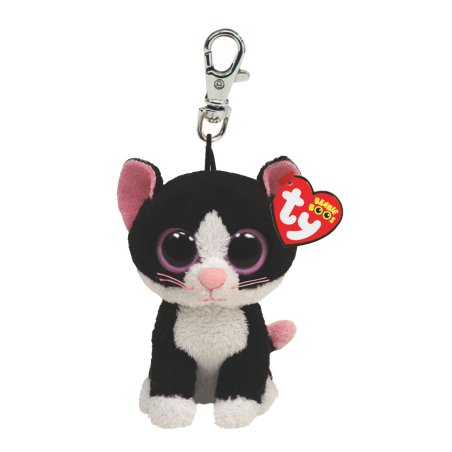Ty Beanie Boos Anhänger Katze Pepper: schwarz-weiß mit silberfarbenem Metallclip und rosa Glitzeraugen