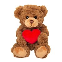 Hermann TEDDY Bär aus braunem Plüsch mit einem roten Herzchen in den Pfoten