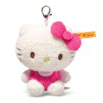 Steiff Taschenanhänger Hello Kitty aus weißem Plüsch mit pinkem Outfit und pinker Schleife
