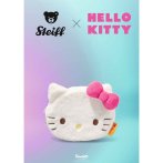Steiff x Hello Kitty Schriftzug und der Gedlbeutel vor einem türkisblauem Hintergrund
