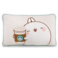 NICI Molang mit Kaffeebecher, Vorderseite rechteckiges Kissen mit Applikation auf cremebeigem Grund