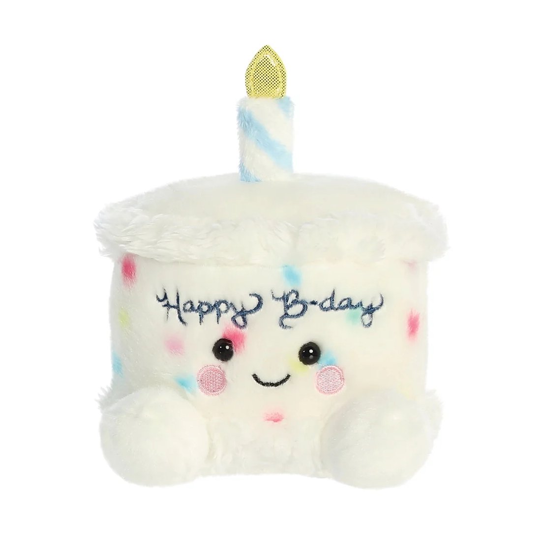 Palm Pals Geburtstagskuchen Happy B'Day Cake aus weißem Plüsch mit bunten Flecken und Kerze
