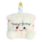 Palm Pals Geburtstagskuchen Happy B'Day Cake aus weißem Plüsch mit bunten Flecken und Kerze