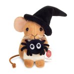 Vorderseite Hermann TEDDY Kuscheltier Halloweenmaus mit Hexenhut und Spinne
