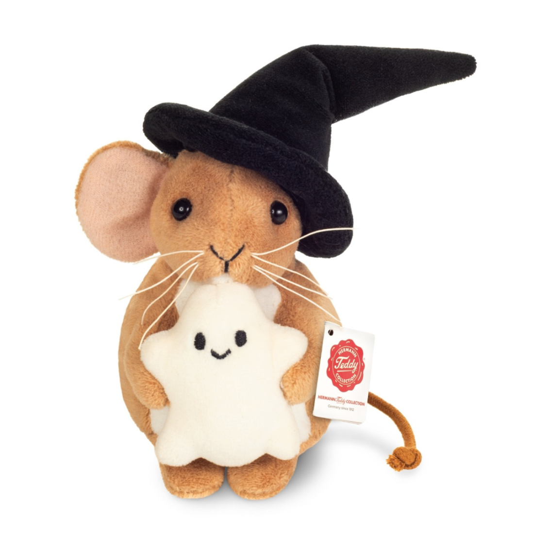 Vorderseite Hermann TEDDY Kuscheltier Halloweenmaus mit Hexenhut und Gespenst