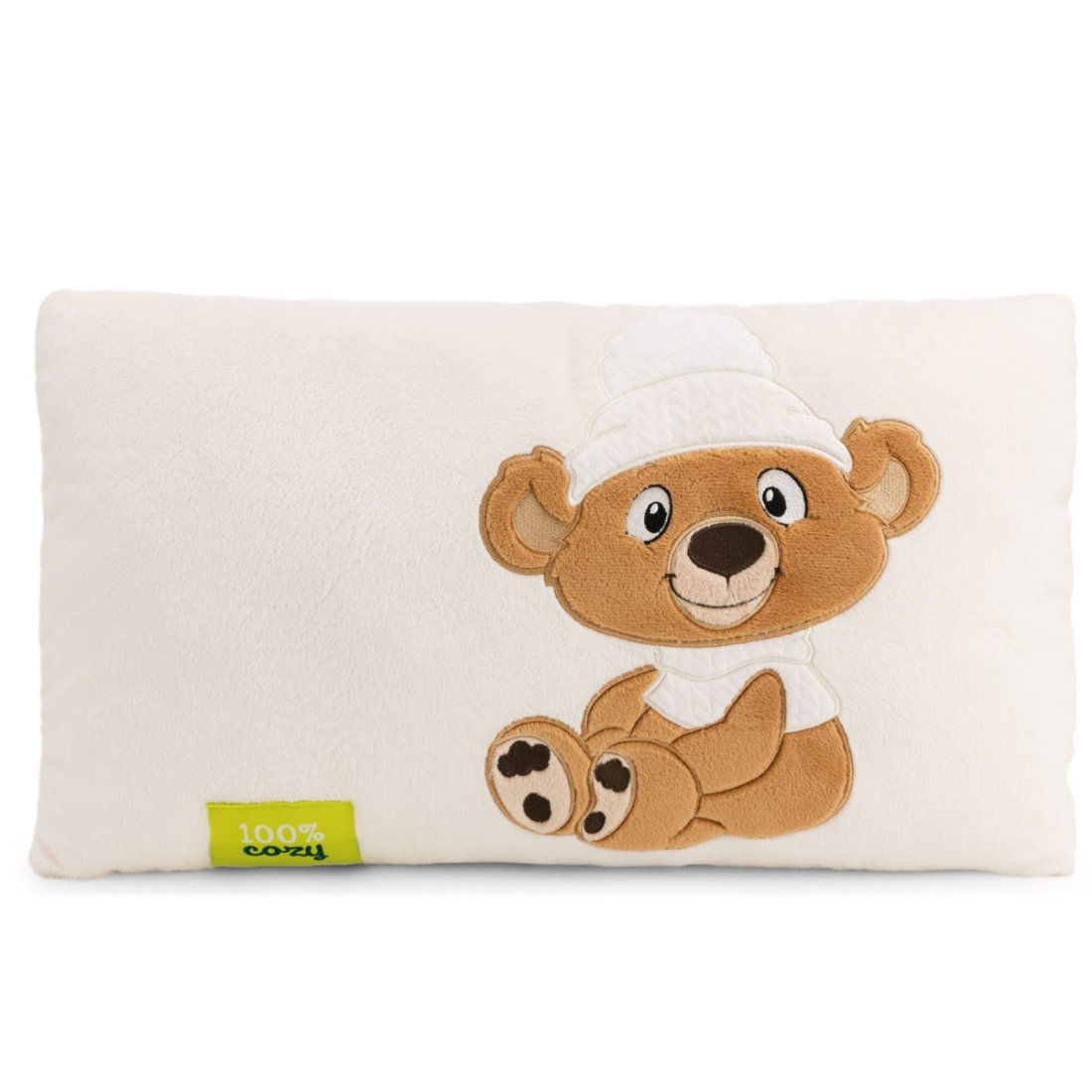 rechteckiges NICI Cosy Winter Kissen Teddy Bär Capiccino, Vorderseite mit Applikation