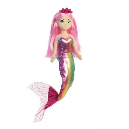 Aurora Sea Sparkles Meerjungfrau Nanda mit buntem Fischschwanz, pinker Krone und langen rosa Haaren