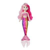 Aurora Sea Sparkles Meerjungfrau Aria mit buntem Fischschwanz, rosa Krone und langen rosa / pinken Haaren
